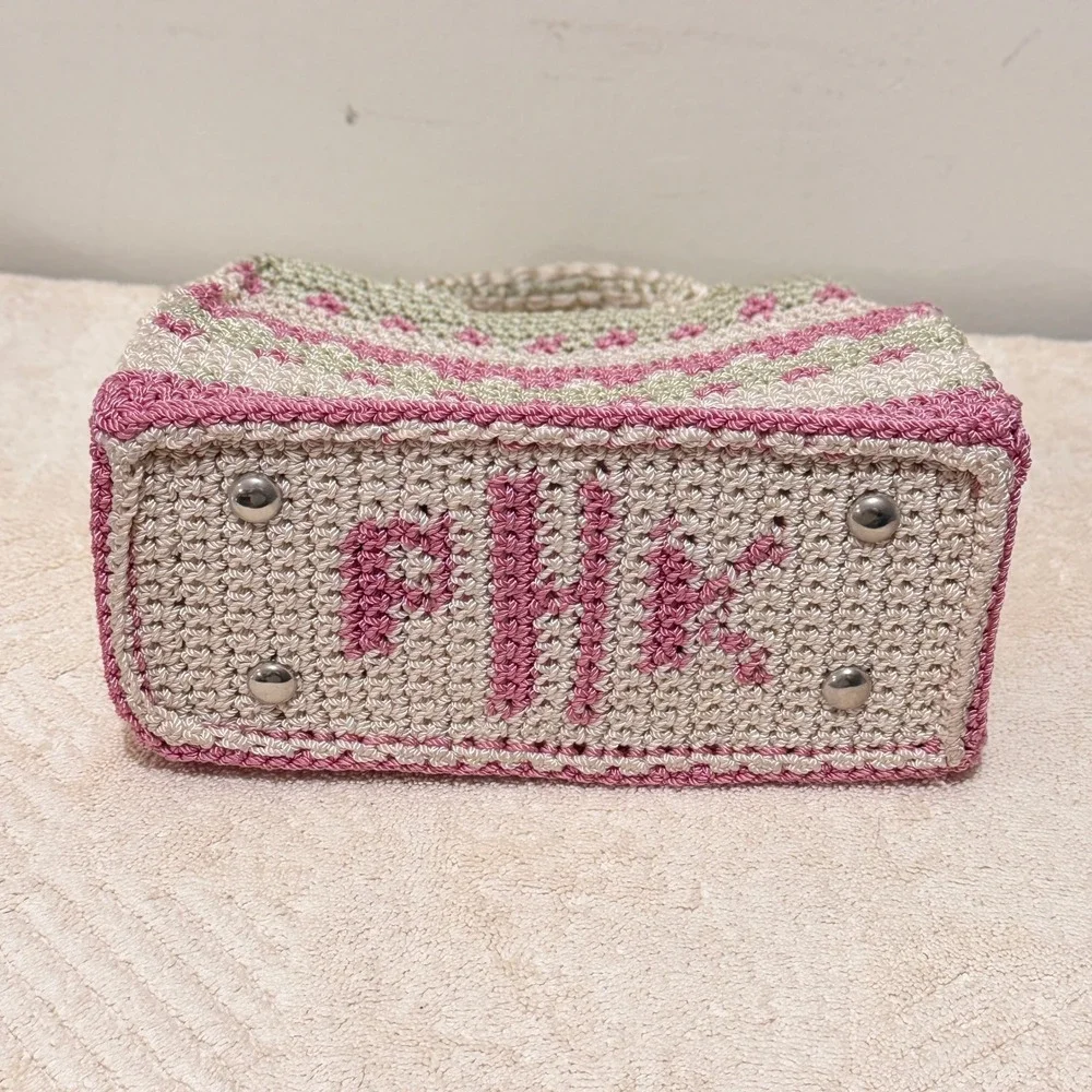 Brigit-Mary Pink Beige Crochet Floral Top Handle Satchel Handbag Knit Purse